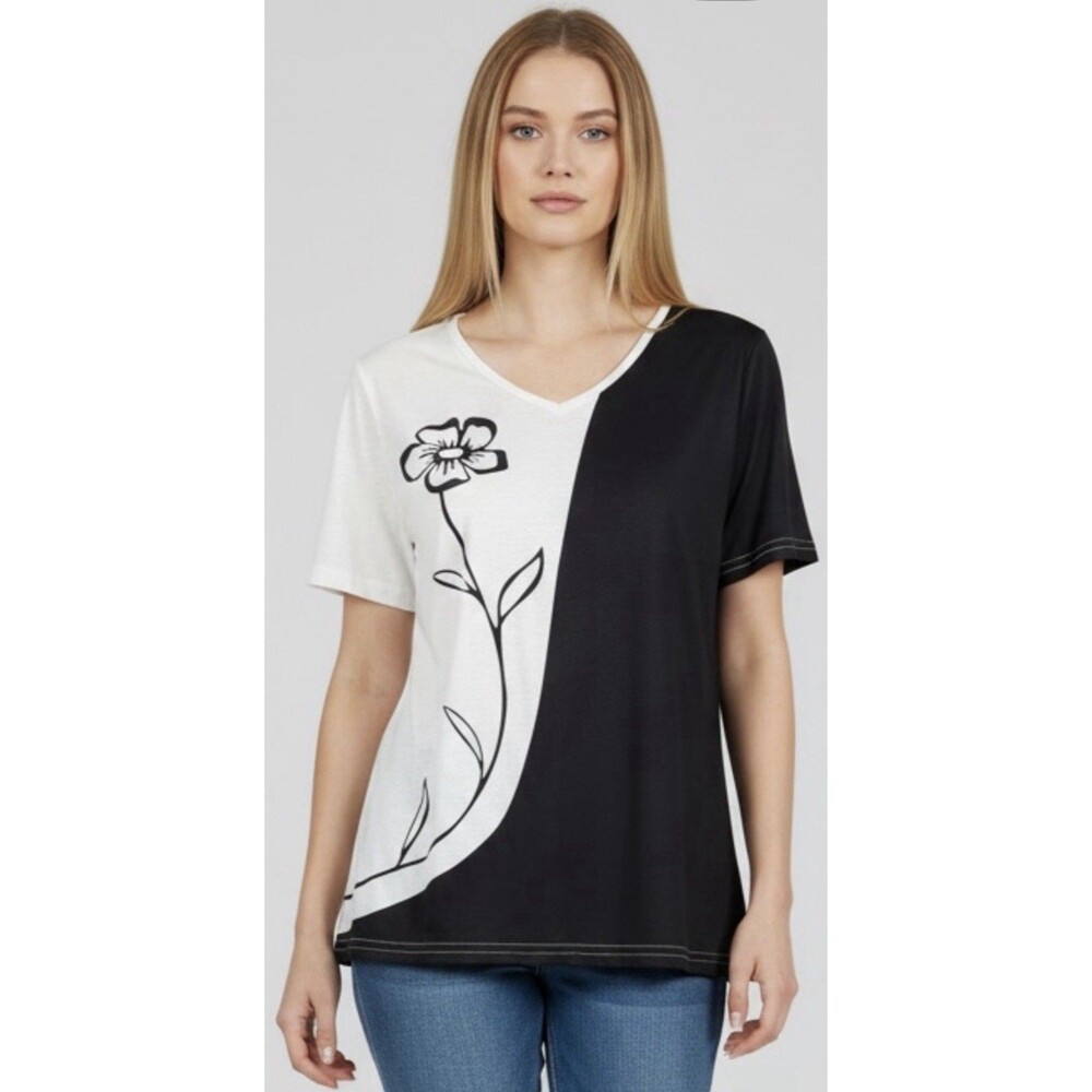 Women’s Black & White Floral V-Neck Short Sleeve Tunic Top Size L